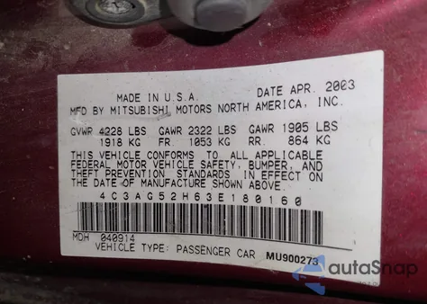 2003 Chrysler Sebring Lxi z USA, uszkodzony, nr VIN 4C3AG52H63E180160